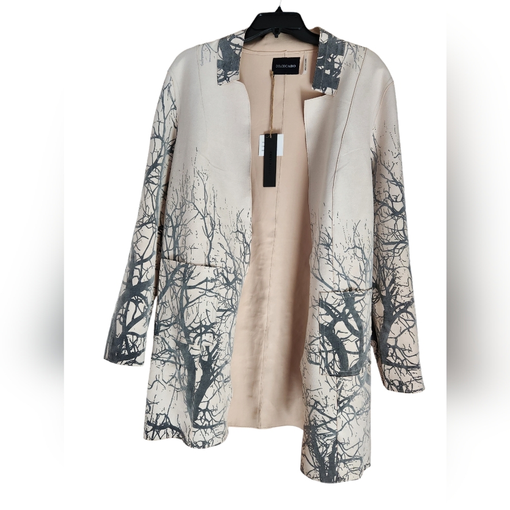 Dolce Cabo cream faux suede jacket with grey tree design. Medium. NWT
